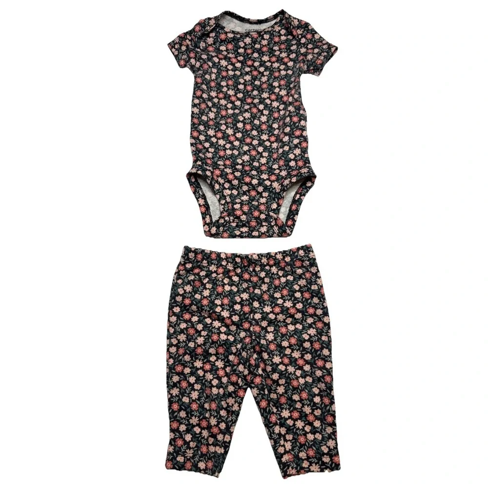 Carters Child of Mine Baby Girl Floral Bodysuit and Pants Set 0-3M Navy Pink